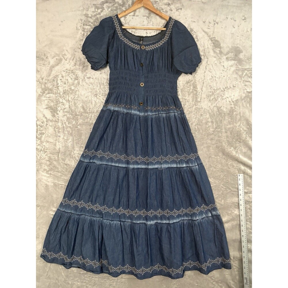 Indigo & Lace Chambray Denim Embroidered Tiered Maxi Dress — Size L Cottagecore